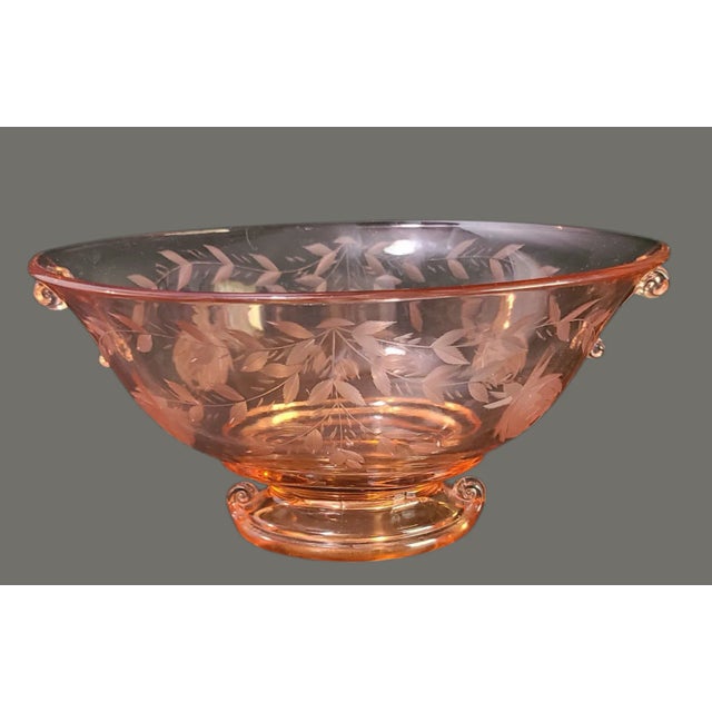 Art Deco Vintage Deco Depression Glass Imperial Pink Cut Floral Oval Footed Center Bowl For Sale - Image 3 of 9