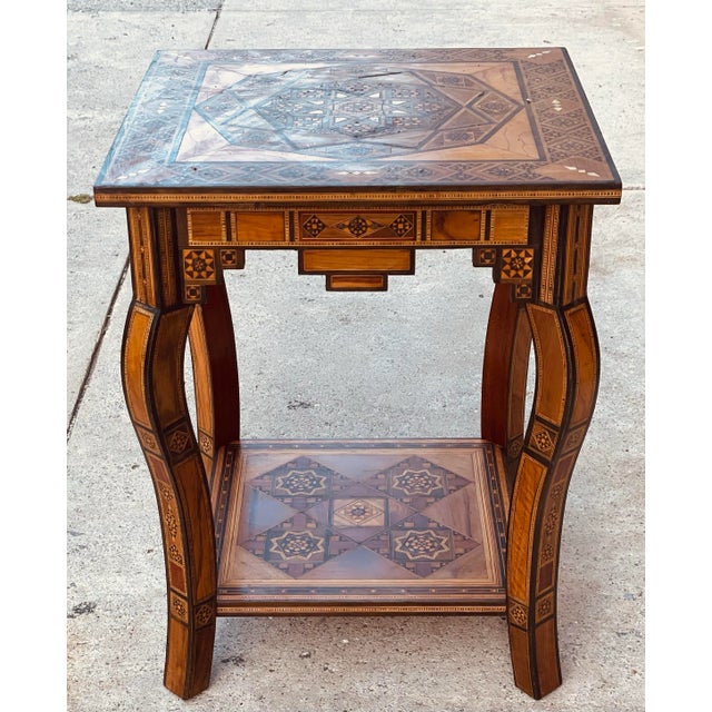 Islamic Mid 20th Century Moorish Mother of Pearl Wood Marquetry Inlay Occasional Side Square Tea Table For Sale - Image 3 of 12