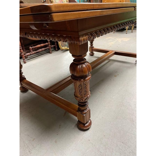 Berkey & Gay Antique Hand Carved Extending Dining Table, Berkey & Gay, Jacobean Revival, Walnut Wood, Glass Top For Sale - Image 4 of 13