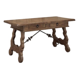 Vintage Spanish Style Two-Drawer Writing Table With Hand-Forged Iron Supports For Sale