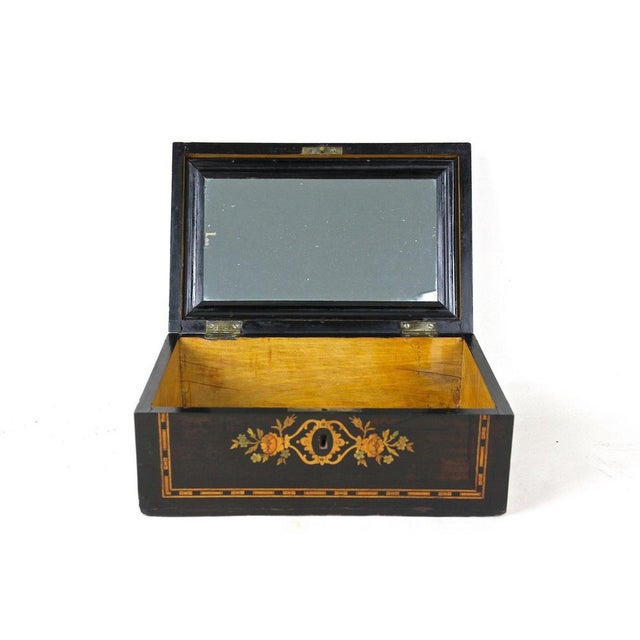 19th Century Jewelry Box with Floral Inlay Works & Original Mirror, 1890s For Sale - Image 4 of 18