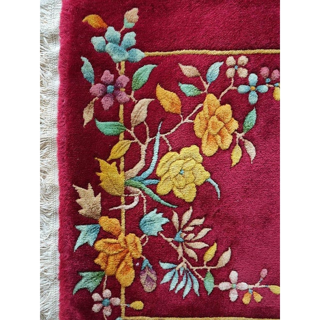 Art Deco 1920s Red Raspebery Floral Modern Antique Chinese Art Deco Rug 2'0" X 3'10" Hand Knotted Wool Carpet For Sale - Image 3 of 5