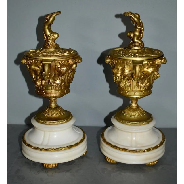 Antique French Cassolette Urns 1880s Gilt Bronze Cherub Marble Vases Lids Pair For Sale - Image 12 of 12
