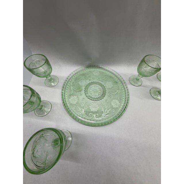 Vintage Vaseline / Uranium Green Pressed Glass Decanter and Cordial Set With Tray - 8 pcs For Sale - Image 6 of 11