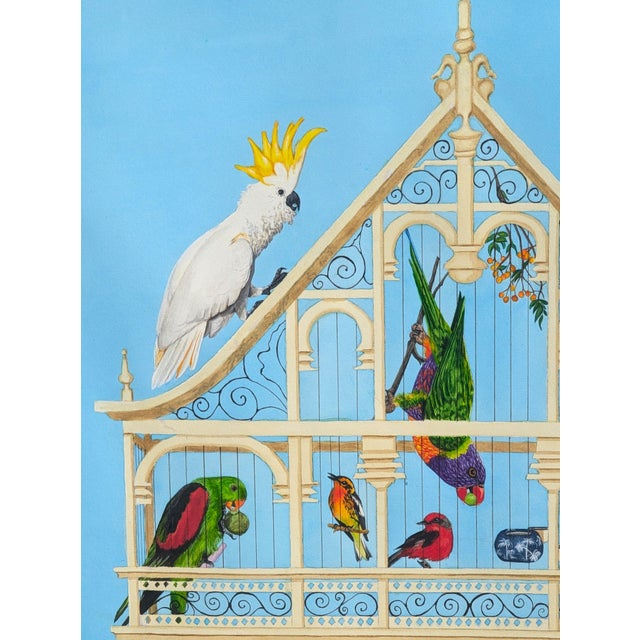 Jennifer Lively “Bird Cage” Contemporary Blue Toned Surreal Still Life Painting of Various Birds, 2016 For Sale - Image 9 of 11