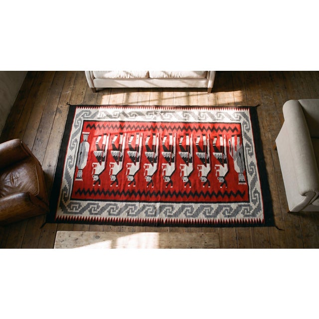 1940s Red Gray Figural Vintage Zapotec Mexico Yei Rug 4' 7" X 7' 7" Handmade Wool Carpet For Sale In New York - Image 6 of 7