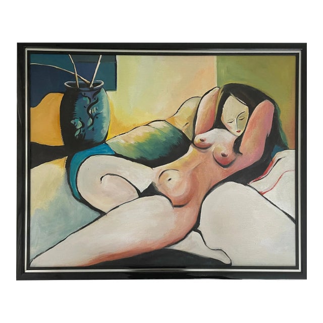 Vintage Nude Matisse Inspired Oil Painting 1990s "Woman in Repose" Original Framed Oil Painting For Sale