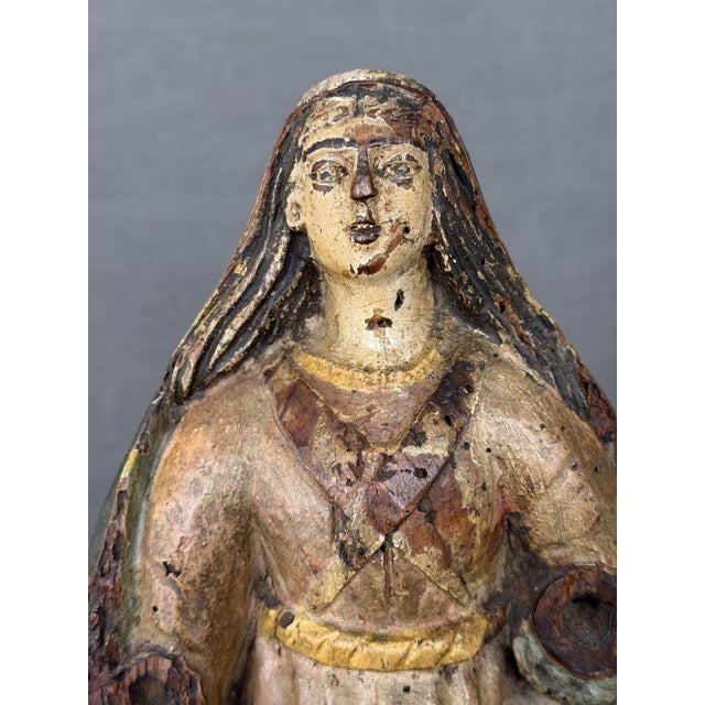 Portuguese School Artist, Seated Virgin, 18th Century, Carved and Polychromed Wood For Sale - Image 4 of 10