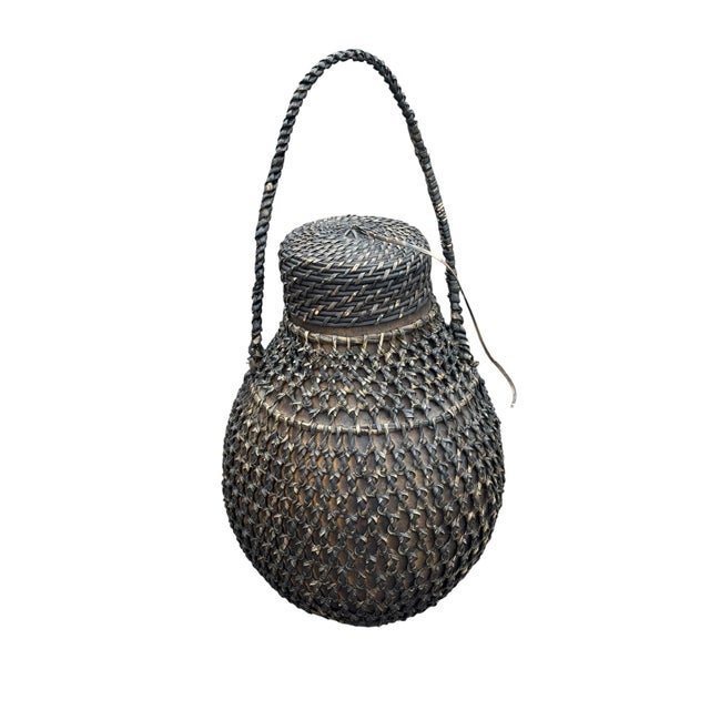 Rustic Vintage Woven Basket Covered Gourd With Lid For Sale - Image 3 of 6