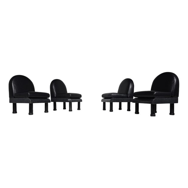 Black Leather Lounge Chairs in the style of Ettore Sottsass, 1980, Set of 4 For Sale