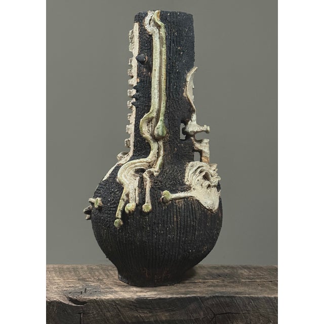 Modern Vintage Brutalist Raku Fired Sculptural Vase For Sale - Image 3 of 12