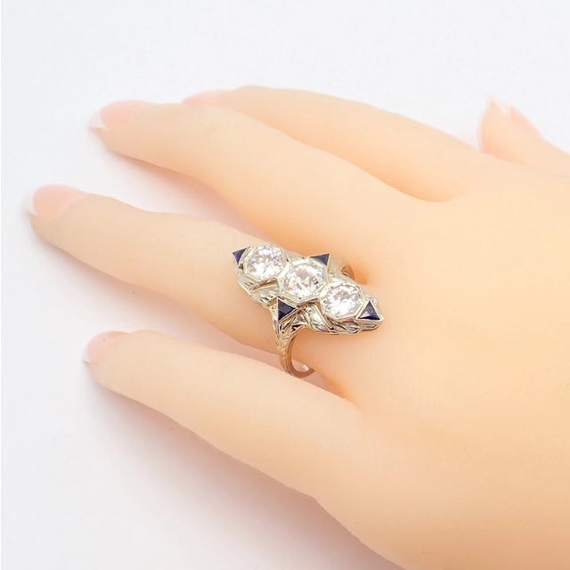 Art Deco Vintage Estate White Gold Diamond Sapphire Art Deco Ring, Size 7 For Sale - Image 3 of 11