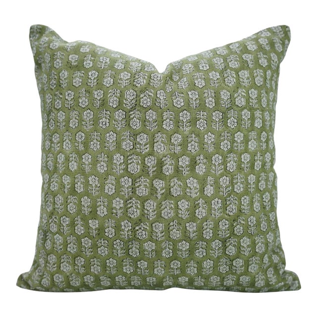 Fabdivine Handmade Block Print Floral Design Olive GreenTulsi Buti Printed Thick Linen Pillow Cover 14x36 Inches For Sale