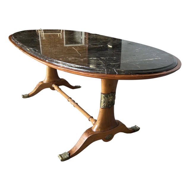 Early 20th Century Art Deco Period Walnut and Marble Table With Bronze Appliqués For Sale