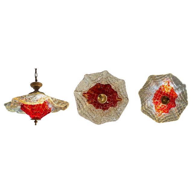 Metal Vintage Murano Fazzoletto Art Glass “Fiore Di Fuoco” Amber Red Pendant Light For Sale - Image 7 of 18