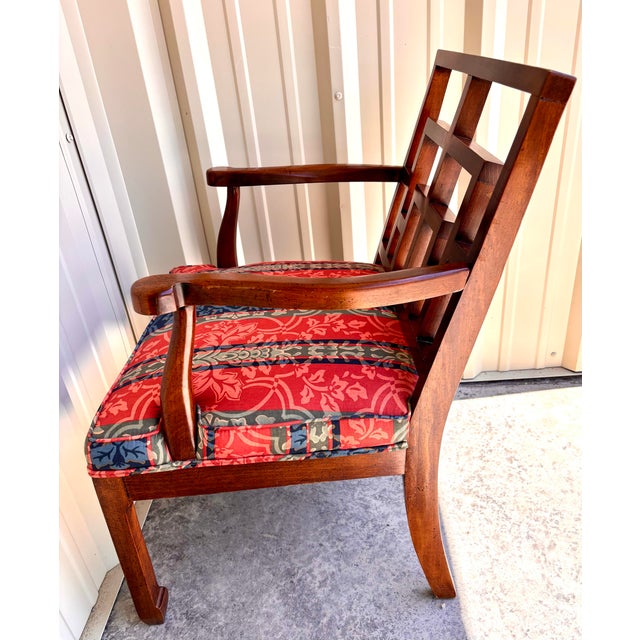 Blue 1970s Chinese Chippendale Ming Mahogany Upholstered Fretwork Wood Armchairs, a Pair For Sale - Image 8 of 11