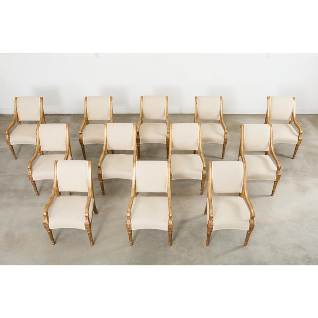 French Set of Twelve Neoclassical Louis XVI Style Giltwood Dining Chairs For Sale - Image 3 of 12