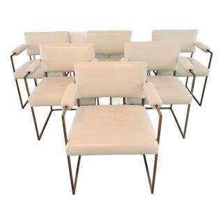 Set of 6 Milo Baughman for Thayer Coggin Model 1188 Dining Armchairs in Cream Leather and Bronze For Sale