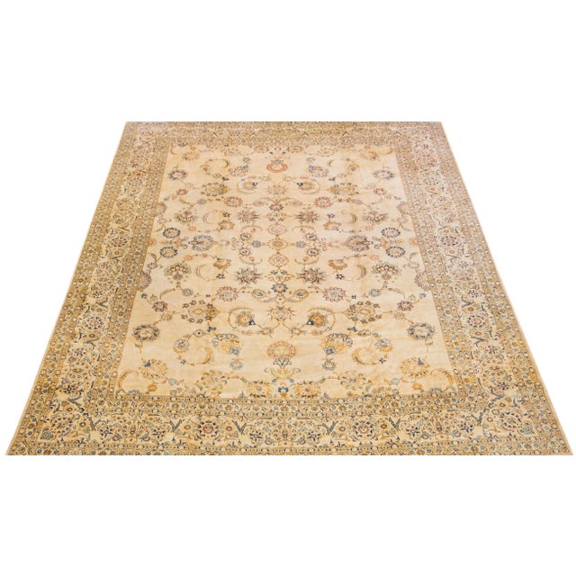 Persian Floral Antique Persian Kashan Handmade Wool Rug in Beige For Sale - Image 3 of 7
