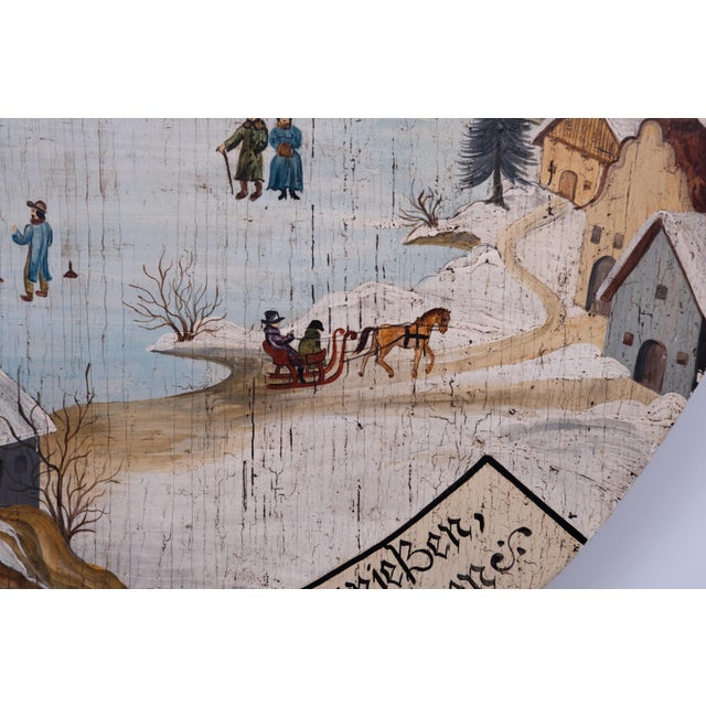 Brown Vintage Round Folk Art Hand Painted Winter Landscape, Germany, 1950 For Sale - Image 8 of 10