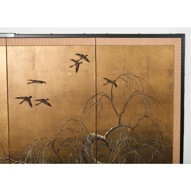 Japanese Showa Four-Panel Screen Wild Geese Autumn Landscape For Sale - Image 9 of 18