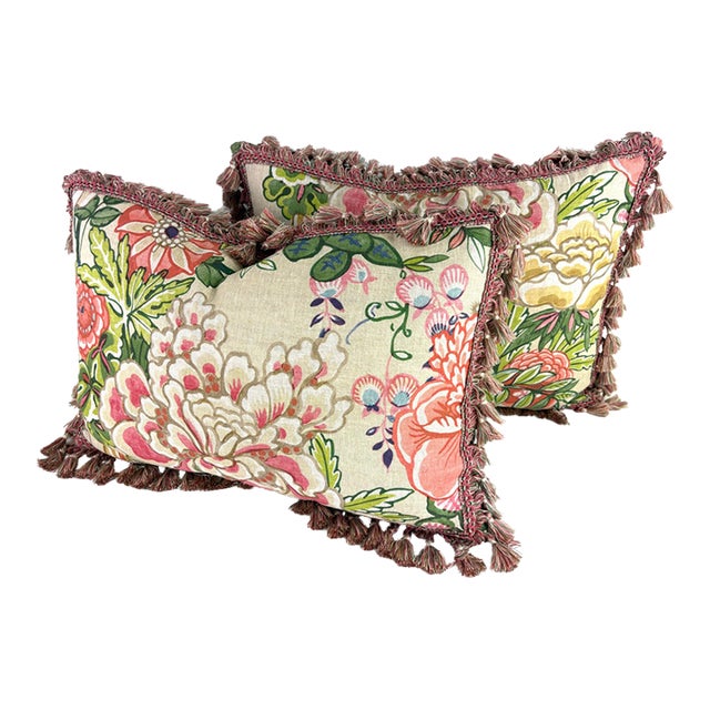 Thibaut Peony Garden Hand Printed Tasseled Linen Pillows/a Pair For Sale