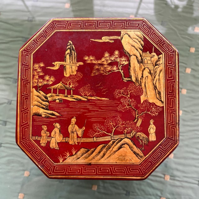 Ornate vintage red lacquer 5 piece stacking jewelry box with great gold hand painted decor. Amazing condition for its age....