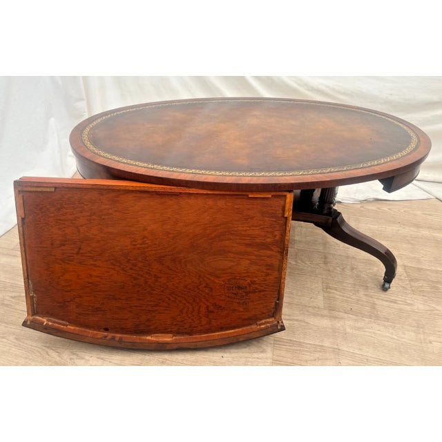 Brown Vintage Weiman Mahogany Oval Coffee Table Brown Tooled Leather Top Federal Style For Sale - Image 8 of 14
