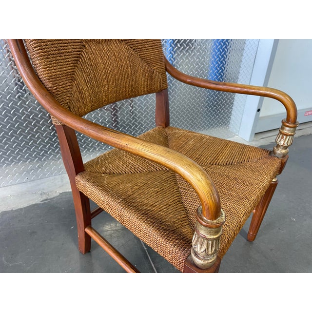 Brown Vintage Rush Seat Armchair With Bent Rattan Arms, Campaign / Neoclassical Accent Chair in the Style of Donghia For Sale - Image 8 of 10