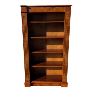 1980s Vintage Burled Walnut Bookcase with Fluted Columns and Adjustable Shelves For Sale