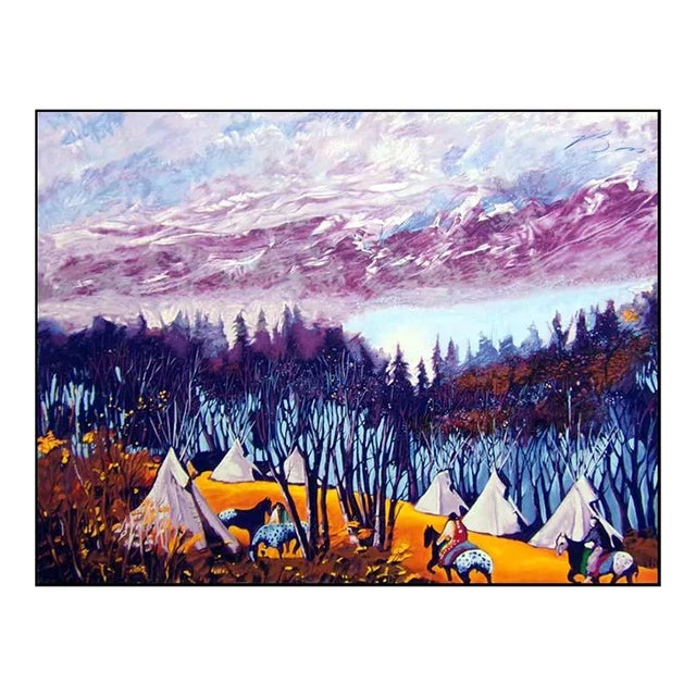 1990s Earl Biss "High Mountain Camp" Serigraph on Paper Hand Signed Hand Colored For Sale