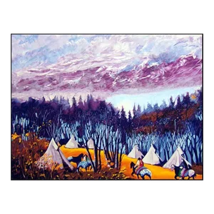 1990s Earl Biss "High Mountain Camp" Serigraph on Paper Hand Signed Hand Colored