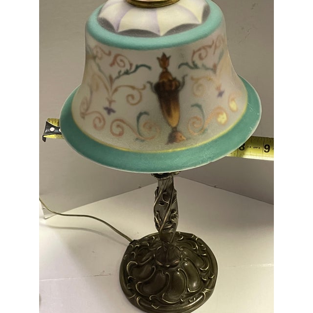 1930s Art Deco Signed Pairpoint Reverse Painted Lamp W/Bronze Base For Sale - Image 9 of 12