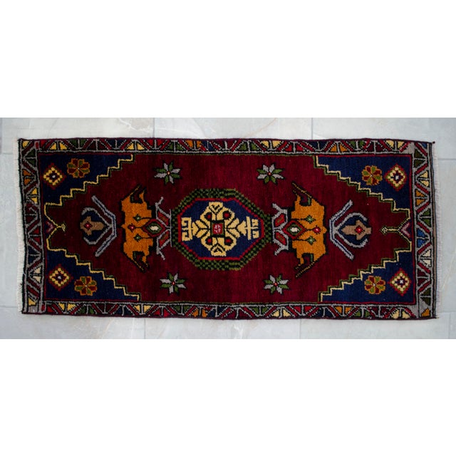 Brick Red 1970s Hand Knotted Turkish Small Rug Decorative Mat for Bathroom -Kitchen and Entryway- 18'' X 42'' For Sale - Image 8 of 9