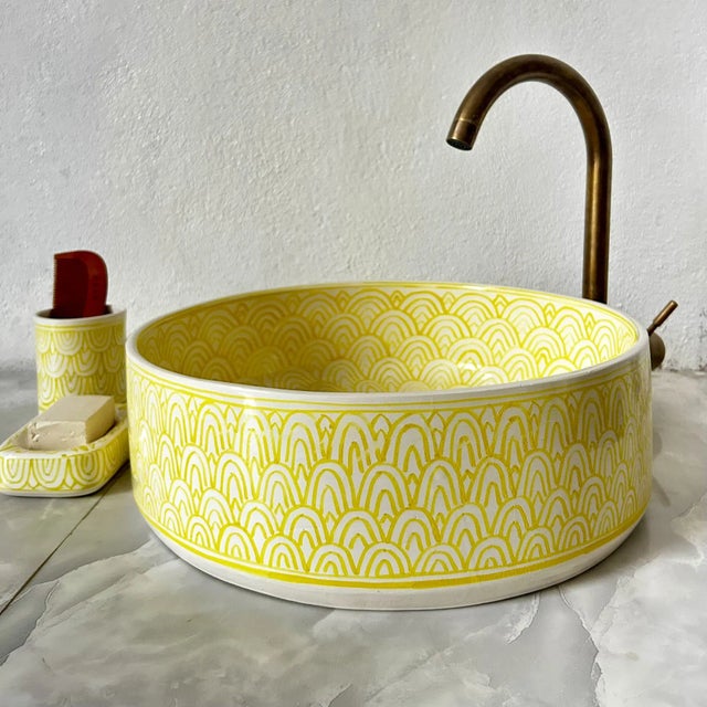 Contemporary Moroccan Ceramic Yellow Sink for Bathroom, Vessel Sink with Brass Drain - 3 Piece Set For Sale - Image 3 of 8