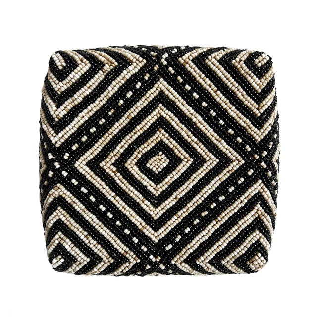 Beautiful vintage hand beaded accessory box made from woven bamboo and intricately covered with geometric design of tan...