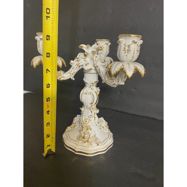Ceramic Meissen Candelabra White and Gold Porcelain 3 Arm Elegant Rocaille Style For Sale - Image 7 of 9