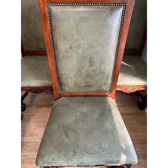 Traditional Henredon Furniture Green Leather Side Chairs With Multi-Patterned Striped Upholstered Backs- Set of 8 For Sale - Image 3 of 12