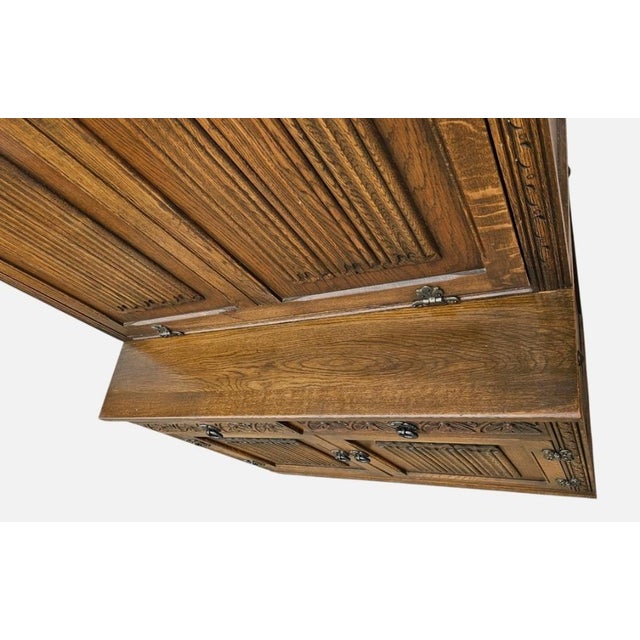 1980s Vintage Oak Wood Bros Desk Cabinet Tudor Hutch Bookshelf Old Charm Leaded Glass For Sale - Image 5 of 16