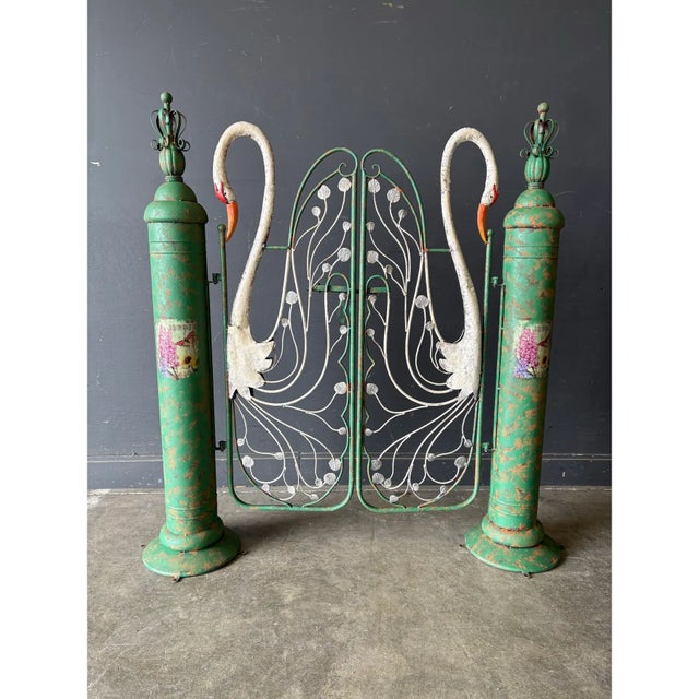 1990s Whimsical Cast Metal Swan Double Garden Gate - A Pair For Sale - Image 4 of 8