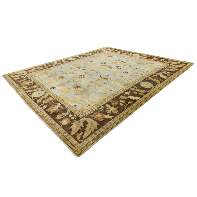 Modern Hand-Knotted Oushak Style Wool Area Rug in Soft Sky Blue and Ochre Gold For Sale - Image 12 of 12