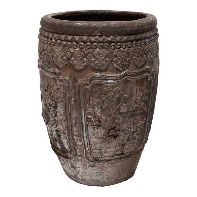 Antique Chinese Four Flowers Relief Jar, 19th Century For Sale