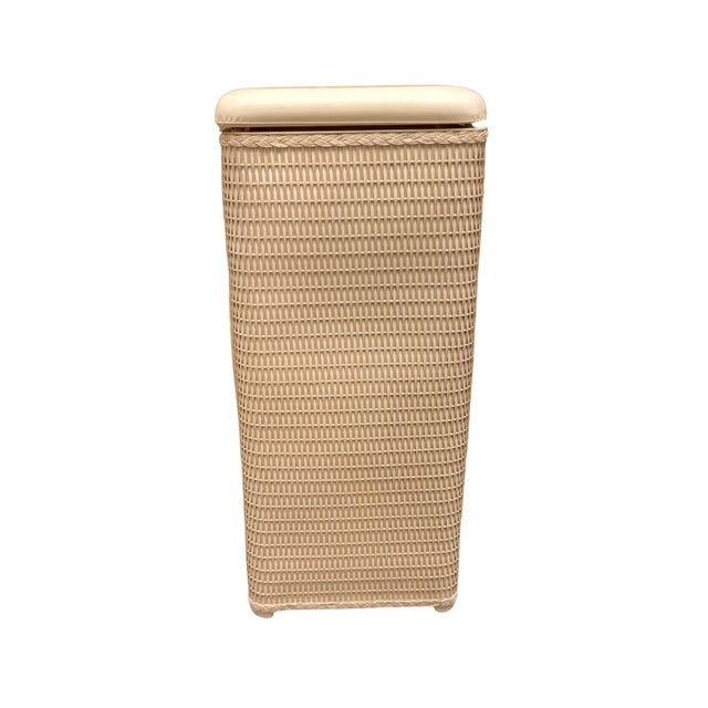 Vintage Lamont Slim Apartment Hamper Wicker-Style Vinyl Padded Top With Hinged Lid For Sale - Image 9 of 10