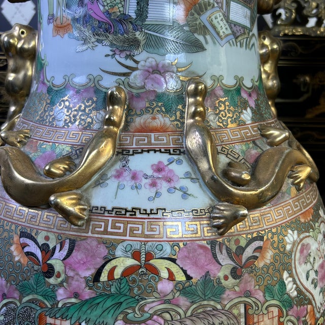 Chinese Famille Rose Floor Vases With Figural Panels and Gilt Dragon Handles, 38" For Sale - Image 9 of 18
