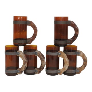 Amber Brown Glass With Wood Handle Beer Mug Set of Six 4661b For Sale