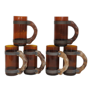 Amber Brown Glass With Wood Handle Beer Mug Set of Six 4661b