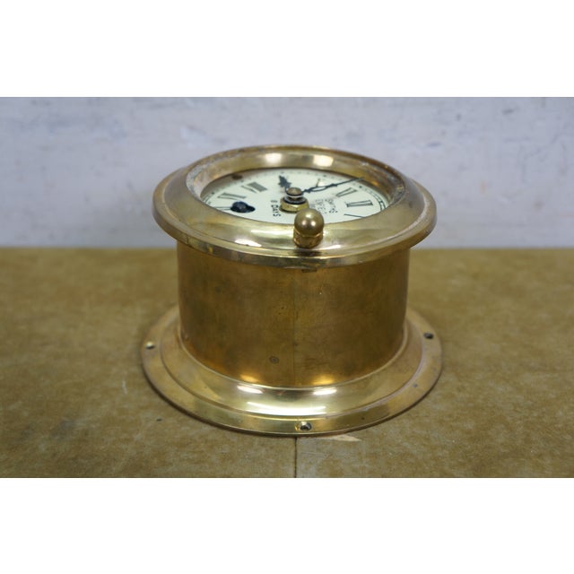 1911 Antique English Smiths Enfield Brass Nautical Maritime 8 Day Ships Clock 6" For Sale - Image 11 of 13