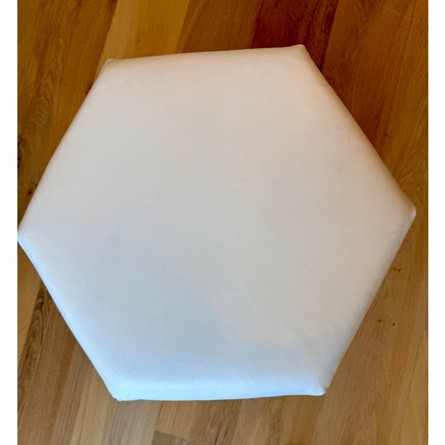 Ethan Allen Ethan Allen White Leather Greek Key Nailhead Ottoman / Hexagon Stool For Sale - Image 4 of 5