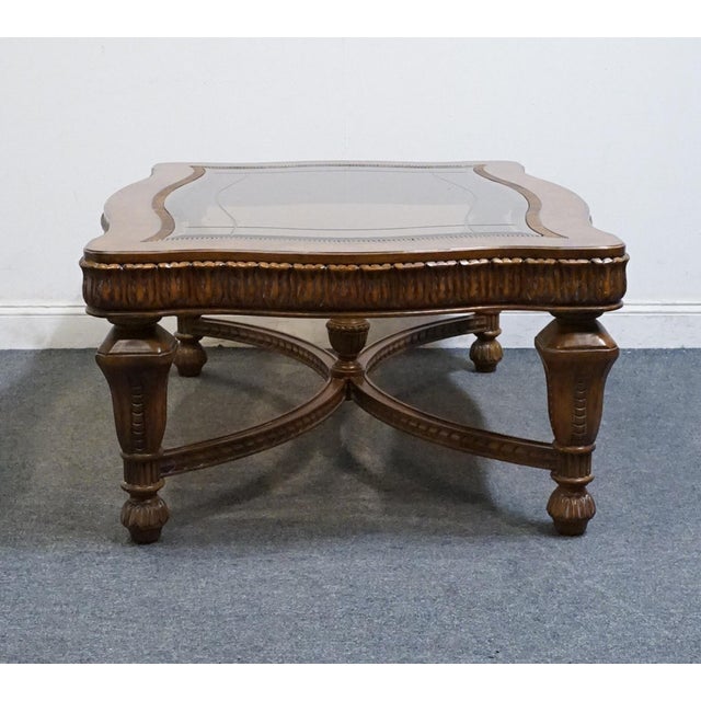 Drexel Heritage Talavera Collection Walnut Contemporary Spanish Mediterranean 52" Accent Glass-Topped Coffee Table 532-107 For Sale In Kansas City - Image 6 of 10