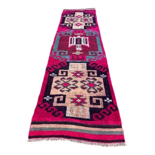 1940s Vintage Kurdish Geometric Pattern Hot Pink Tribal Runner Rug For Sale